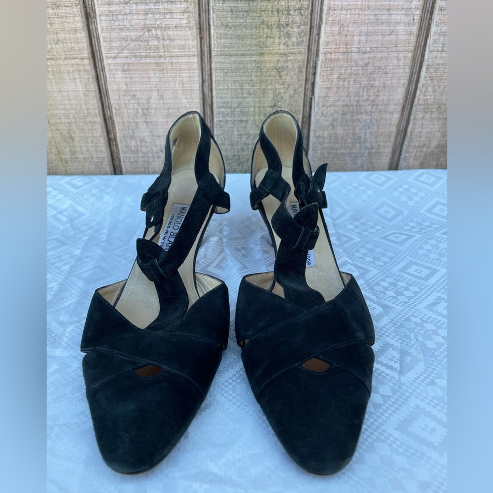 Manolo Blahnik Black Sued T-Bar Pump Size 37.5